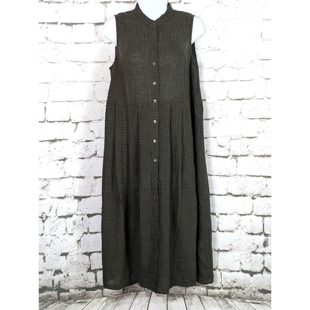 EILEEN FISHER Button-Front 100% Organic Linen Gingham Plaid Midi Dress Size PS